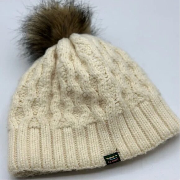 L.L. Bean Kids' Cozy Cable Knit Pom Hat Cream, OSFA - Picture 5 of 10